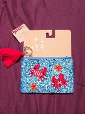 Beaded Crab Coin Purse with Tassel - Blue & Red